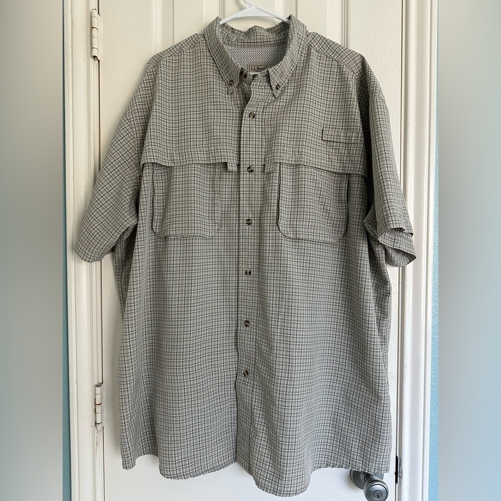 Men’s L.L. Bean Vented Fishing Outdoors Shirt Short Sleeve Olive Plaid Sz XXL